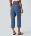 High Waisted Zipper Pocket Cropped Linen-Feel Pants - Blue Horizon