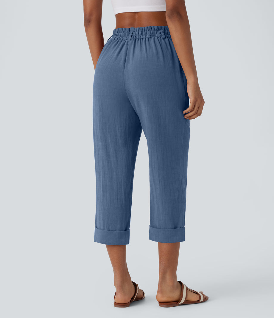 High Waisted Zipper Pocket Cropped Linen-Feel Pants - Blue Horizon