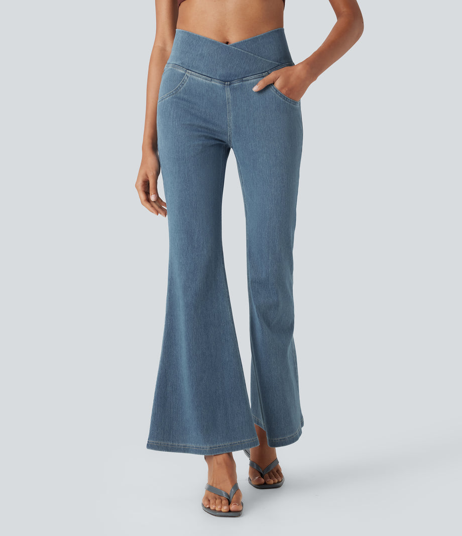 Halara Flex™ High Waisted Crossover Pocket Washed Casual Jeans - Tide Blue Denim