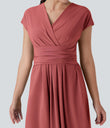 Breezeful™ V Neck Short Sleeve Pocket Tie Back Quick Dry Midi Casual Dress - Kapok Red