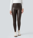 High Waisted Tummy Control Stretchy PU Fleece 7/8 Skinny Casual Leggings with Pockets - Java