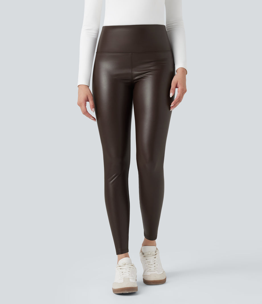 High Waisted Tummy Control Stretchy PU Fleece 7/8 Skinny Casual Leggings with Pockets - Java