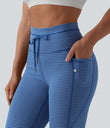 High Waisted Drawstring Striped Yoga Leggings with Pockets - Navy Stripe
