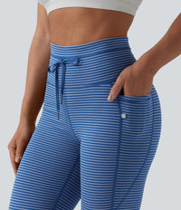 High Waisted Drawstring Striped Yoga Leggings with Pockets - Navy Stripe