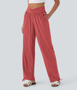 Crossover High Waisted Pocket Drawstring Casual Joggers - Poinsettia Floral Yarn