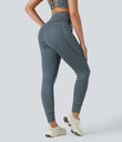 High Waisted Drawstring Striped Yoga Leggings with Pockets - Oceanic Teal