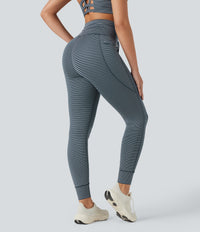 High Waisted Drawstring Striped Yoga Leggings with Pockets - Oceanic Teal