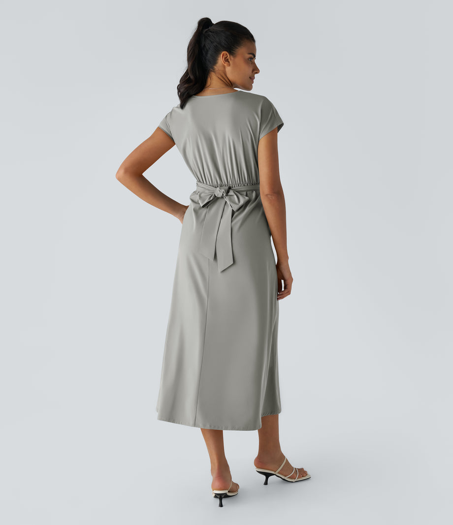 Breezeful™ V Neck Short Sleeve Pocket Tie Back Quick Dry Midi Casual Dress-Longer Length - Dust Gray