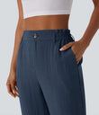 High Waisted Zipper Pocket Cropped Linen-Feel Pants - Deep Secluded Blue