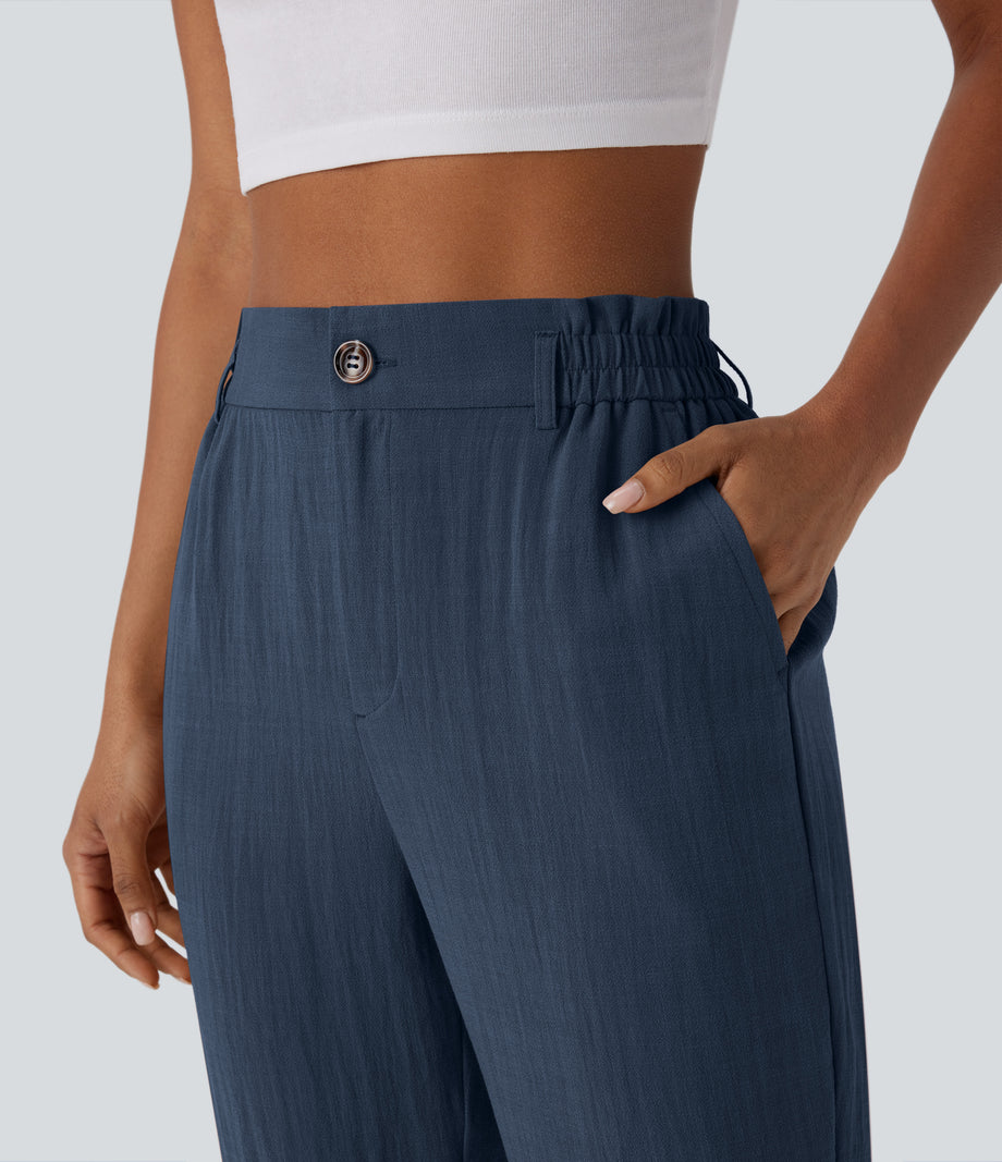 High Waisted Zipper Pocket Cropped Linen-Feel Pants - Deep Secluded Blue