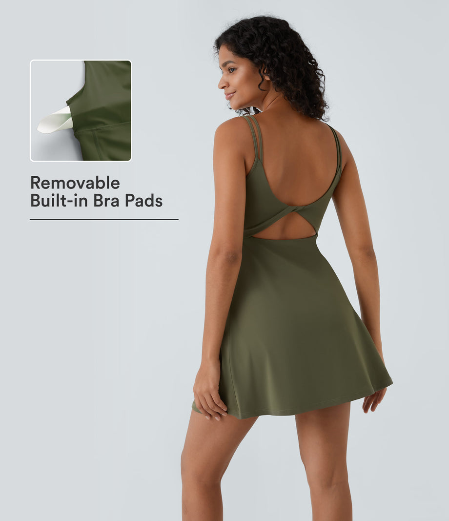 SoftlyZero™ Plush Double Straps 2-Piece Pocket Slip Dance Active Dress A-D Cups - Grass Grey Green