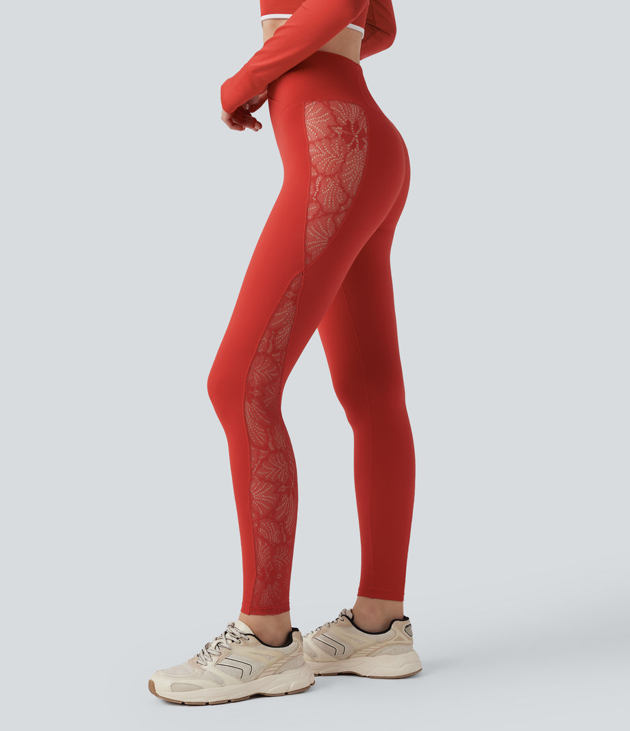 SoftlyZero™ High Waisted Crossover Contrast Lace Pocket Yoga Leggings-UPF50+ - Valiant Poppy