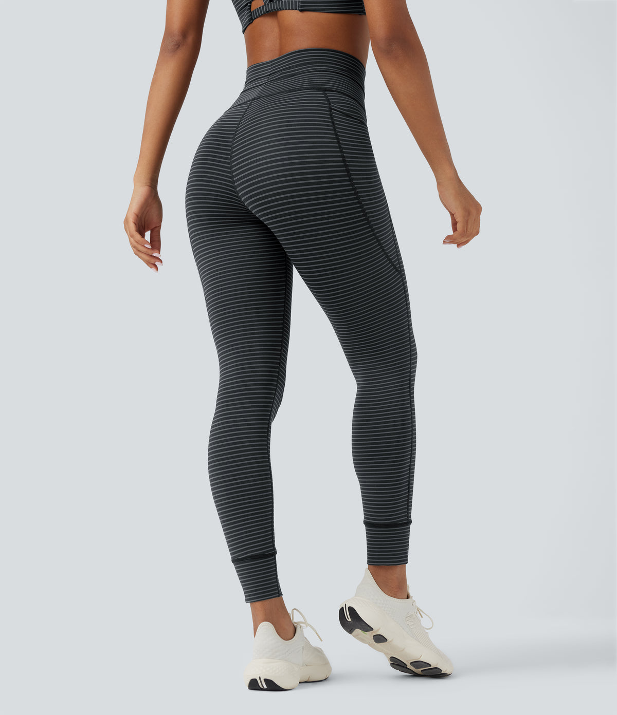 High Waisted Drawstring Striped Yoga Leggings with Pockets - Steel Stripe