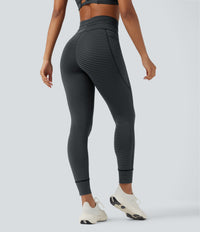 High Waisted Drawstring Striped Yoga Leggings with Pockets - Steel Stripe
