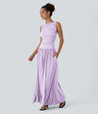 Ribbed Boat Neck Asymmetric Strap Ruched Pocket Flowy Maxi Casual Dress - Misty Purple