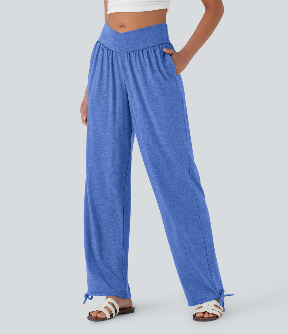 Crossover High Waisted Pocket Drawstring Casual Joggers - Sky Blue Floral Yarn