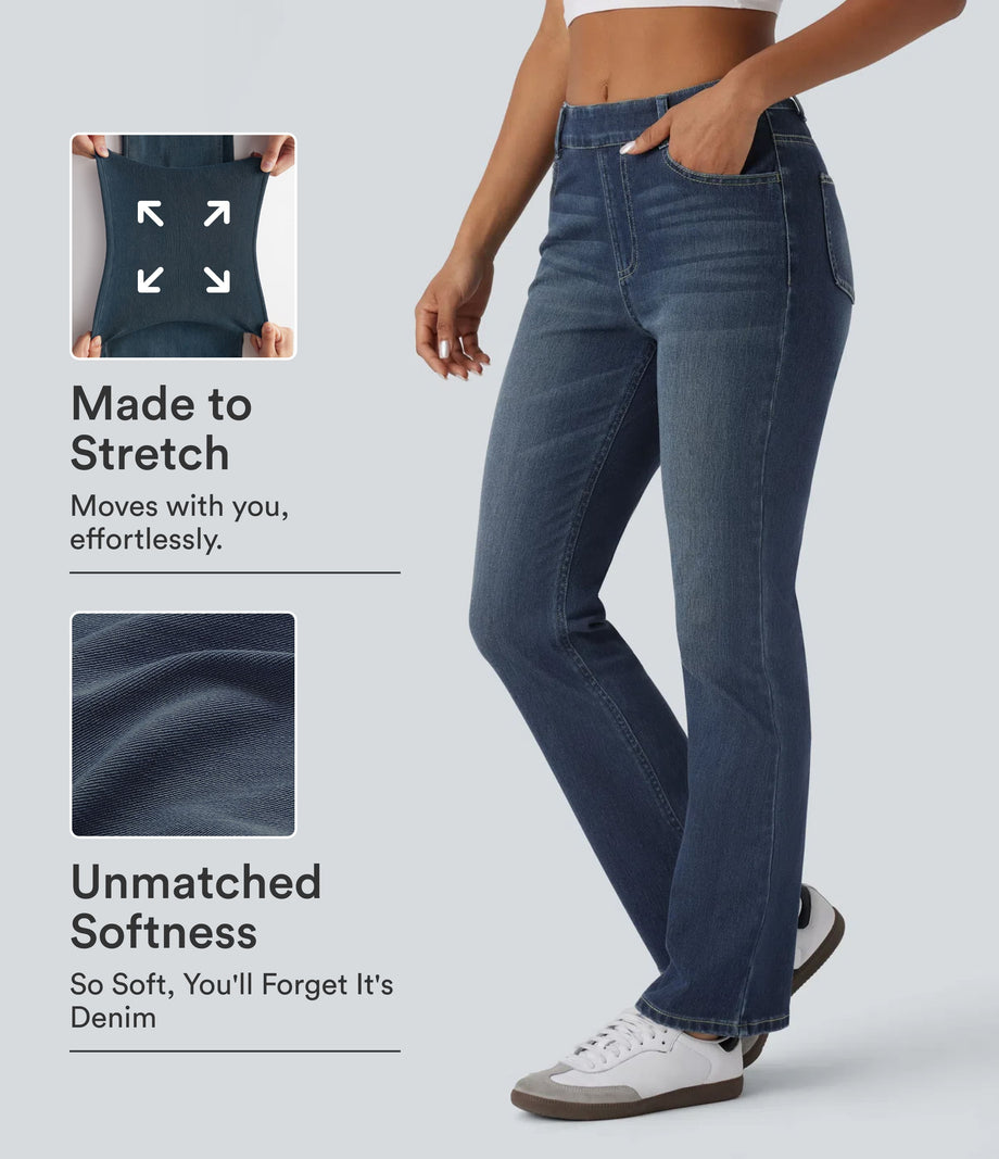 Halara Flex™ High Waisted Pockets Washed Casual Bootcut Jeans - Distressed Denim Dark Blue