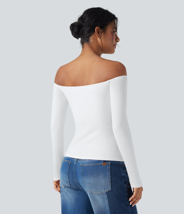 Ribbed Knit Off Shoulder Long Sleeve 2-in-1 Casual Top - White