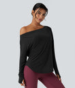 One Shoulder Long Sleeve Thumb Hole Curved Hem High Low Quick Dry Yoga Sports Top-Built-in Bra - Black