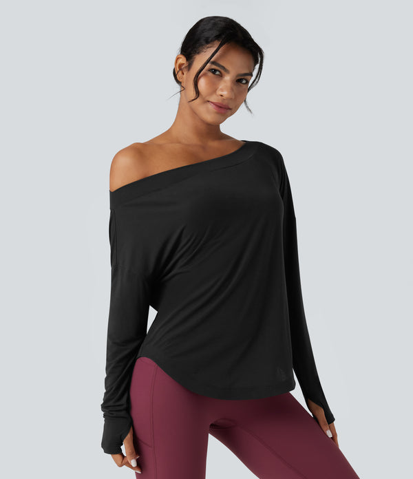 One Shoulder Long Sleeve Thumb Hole Curved Hem High Low Quick Dry Yoga Sports Top-Built-in Bra - Black
