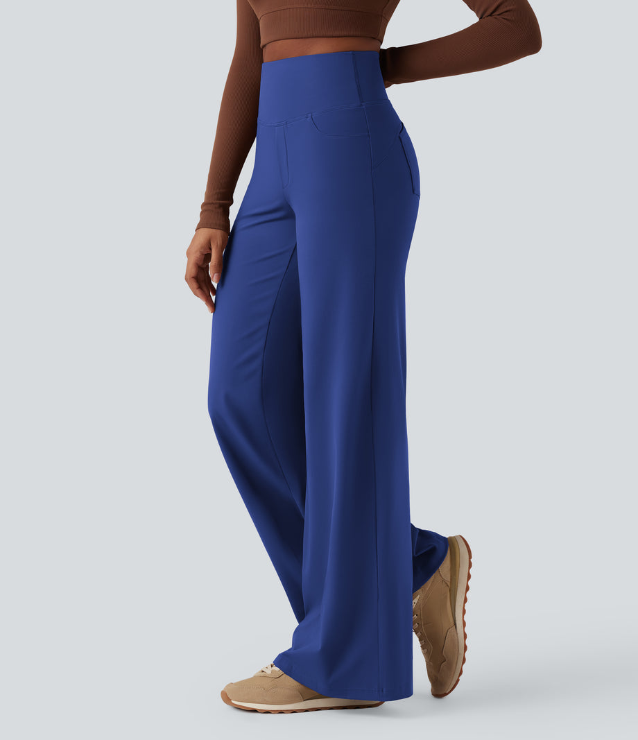 DayStretch High Waisted Tummy Control Wide Leg Baggy Yoga Pants with Pockets - Sodalite Blue