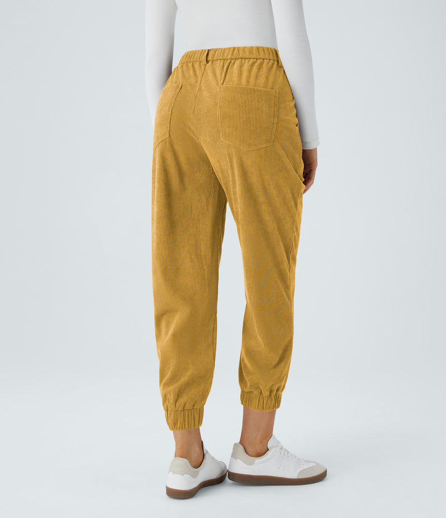 Mid Rise Zipper Pockets Corduroy Casual Joggers - Amber Gold