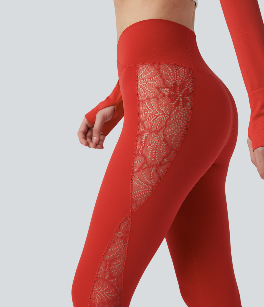 SoftlyZero™ High Waisted Crossover Contrast Lace Pocket Yoga Leggings-UPF50+ - Valiant Poppy