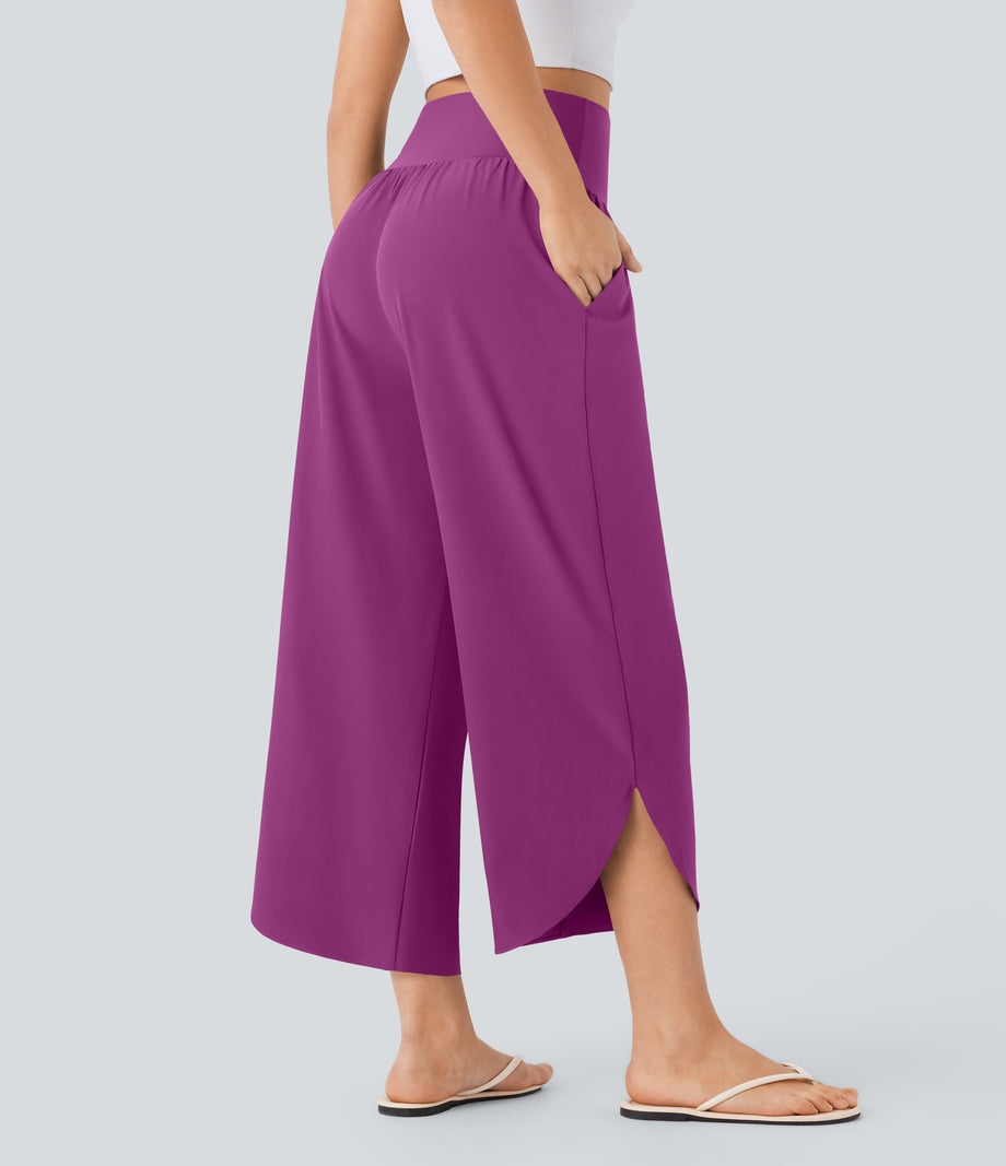 Breezeful™ High Waisted Tummy Control Split Hem Quick Dry Resort Pants with Pockets - Purple Wine