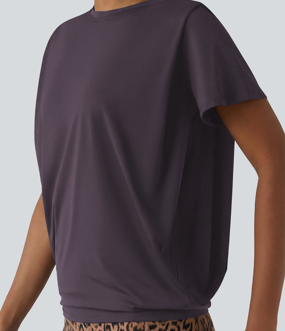 Round Neck Short Sleeve Ruched Cool Touch Yoga Sports Top-UPF50+ - Vintage Violet