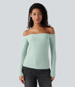 Ribbed Knit Off Shoulder Long Sleeve 2-in-1 Casual Top - Crow Green