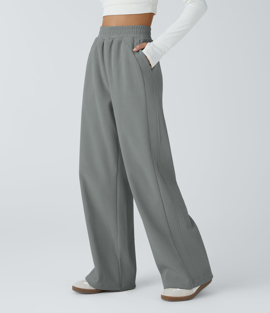 High Waisted Pocket Straight Leg Baggy Mop Corduroy Casual Pants - Monument