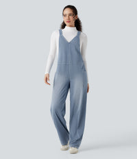 Halara Flex™ V Neck Pocket Washed Denim Casual Overalls -  Blue Jasper Denim