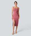 SoftlyZero™ Airy Square Neck Backless Corset Ruched Split Bodycon Midi Cool Touch Bridesmaid and Wedding Guest Dress - Begonia Rouge