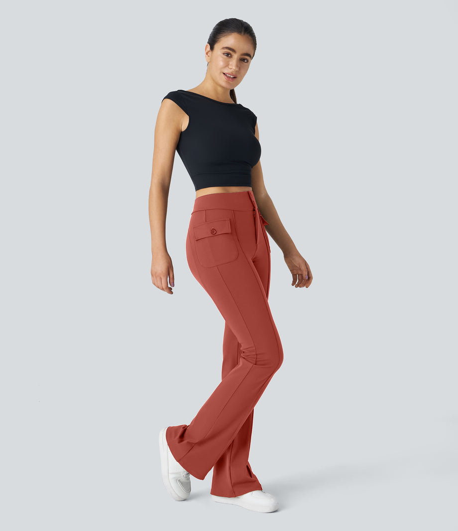 High Waisted Side Flap Pocket Flare Casual Cargo Pants - Cinnabar