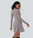 Ribbed Knit V Neck Long Sleeve Flare Mini Casual Dress with Pockets - Light Pink Floral Yarn