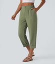High Waisted Zipper Pocket Cropped Linen-Feel Pants - Catkin Green