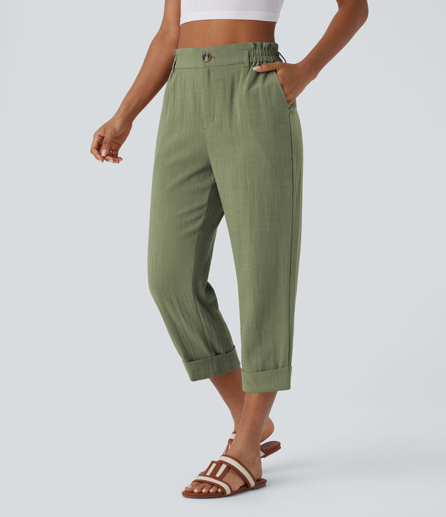High Waisted Zipper Pocket Cropped Linen-Feel Pants - Catkin Green