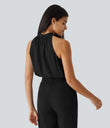 Keyhole Back Halter Sleeveless Curved Hem Work Blouse - Black