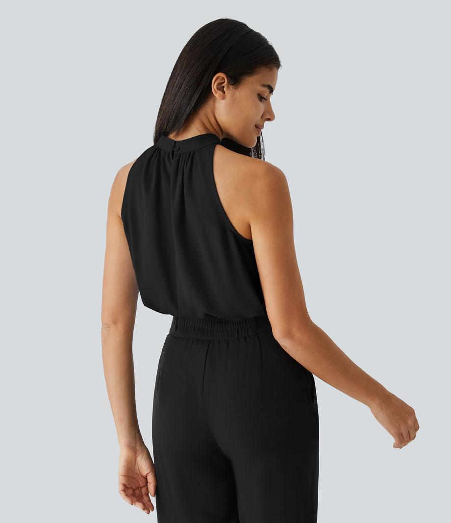 Keyhole Back Halter Sleeveless Curved Hem Work Blouse - Black