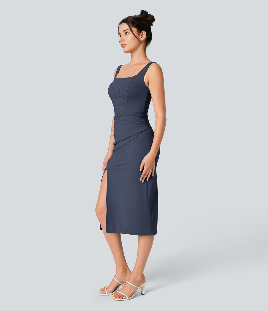 SoftlyZero™ Airy Square Neck Backless Corset Ruched Split Bodycon Midi Cool Touch Bridesmaid and Wedding Guest Dress - Mood Indigo