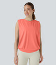 Round Neck Ruched Cool Touch Yoga Tank Top-UPF50+ - Fusion Coral