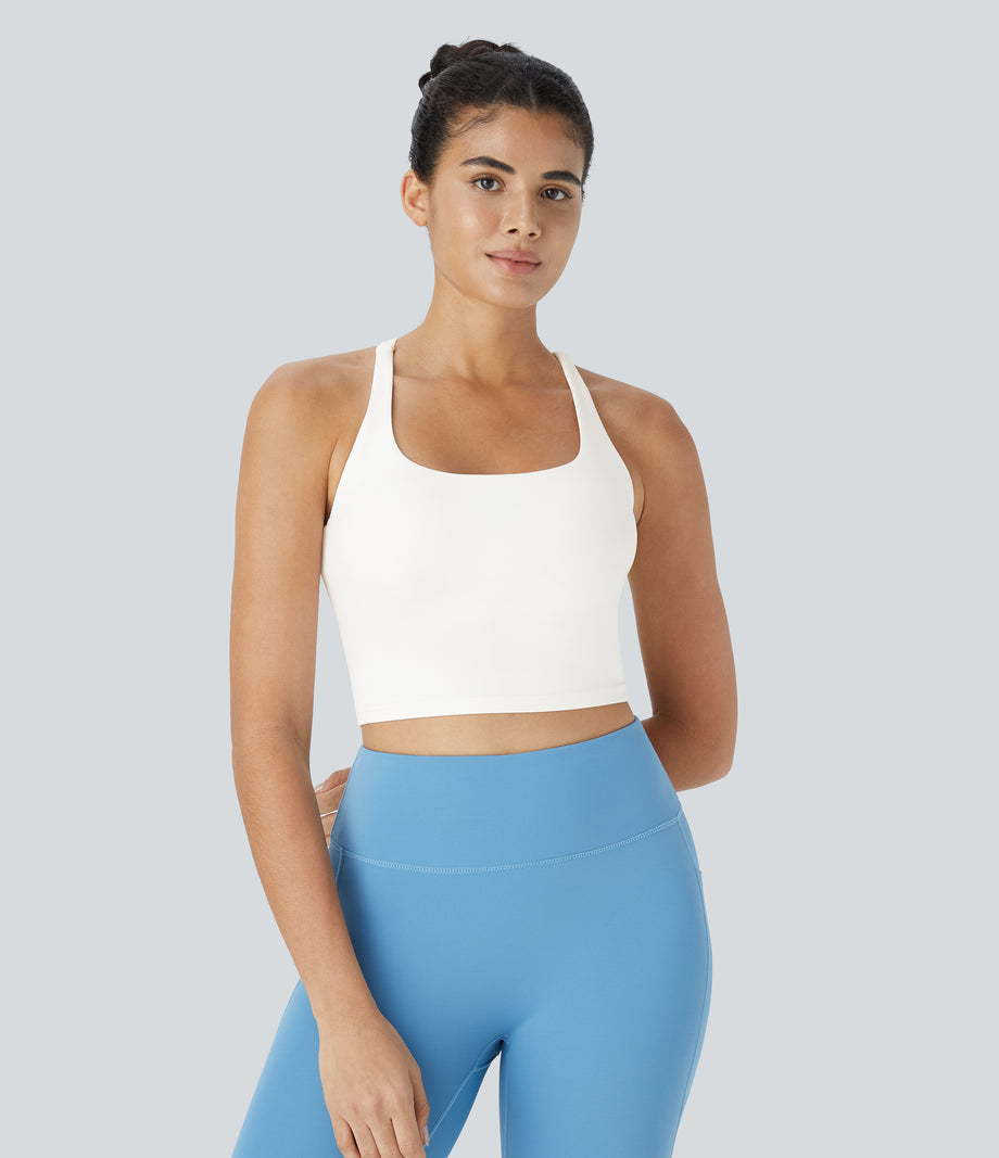 Crisscross Backless Built-in Bra Cropped Running Tank Top A-D Cups - White