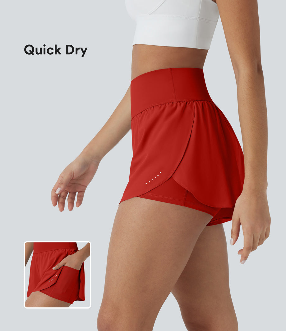 SoftlyZero™ QuickDry High Waisted Tummy Control Reflective Dots Crossover Hem 2-in-1 Running Shorts 3'' with Pockets - Valiant Poppy