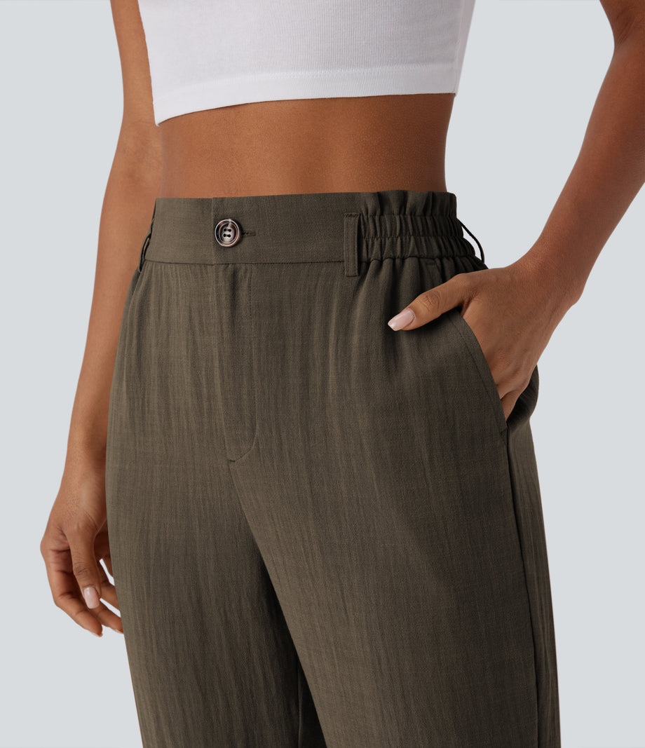 High Waisted Zipper Pocket Cropped Linen-Feel Pants - Dark Earthy Brown