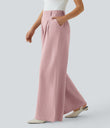 High Waisted Pocket Wide Leg Flowy Solid Palazzo Casual Linen-Feel Pants - Pale Lilac
