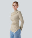 Mock-neck Long Sleeve Ruched Asymmetric Hem Thermal Casual Top - Brown Rice