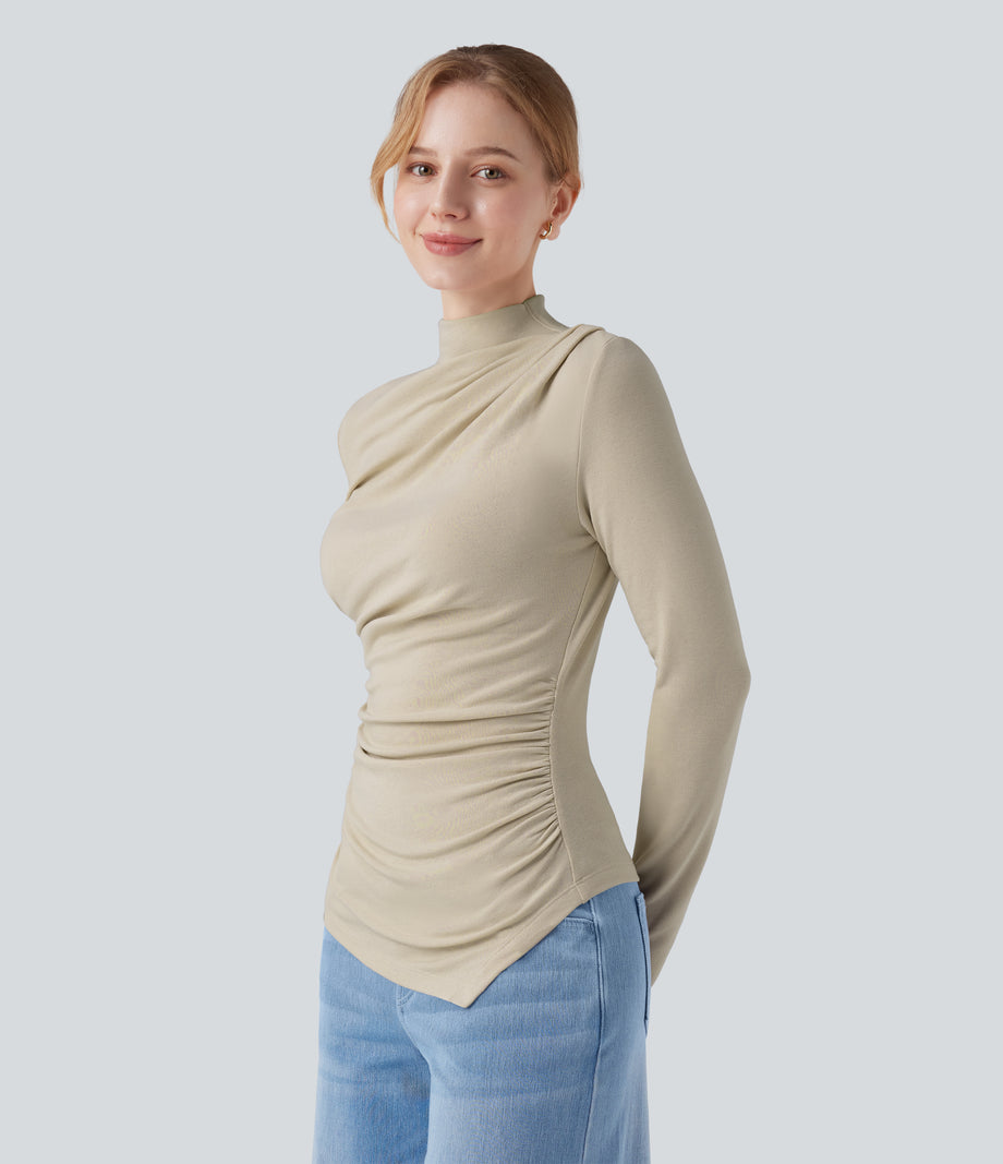 Mock-neck Long Sleeve Ruched Asymmetric Hem Thermal Casual Top - Brown Rice