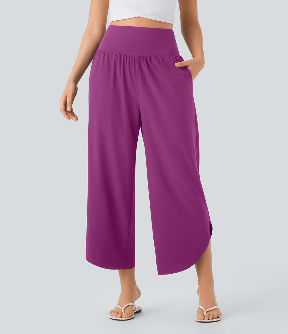 Breezeful™ High Waisted Tummy Control Split Hem Quick Dry Resort Pants with Pockets - Purple Wine