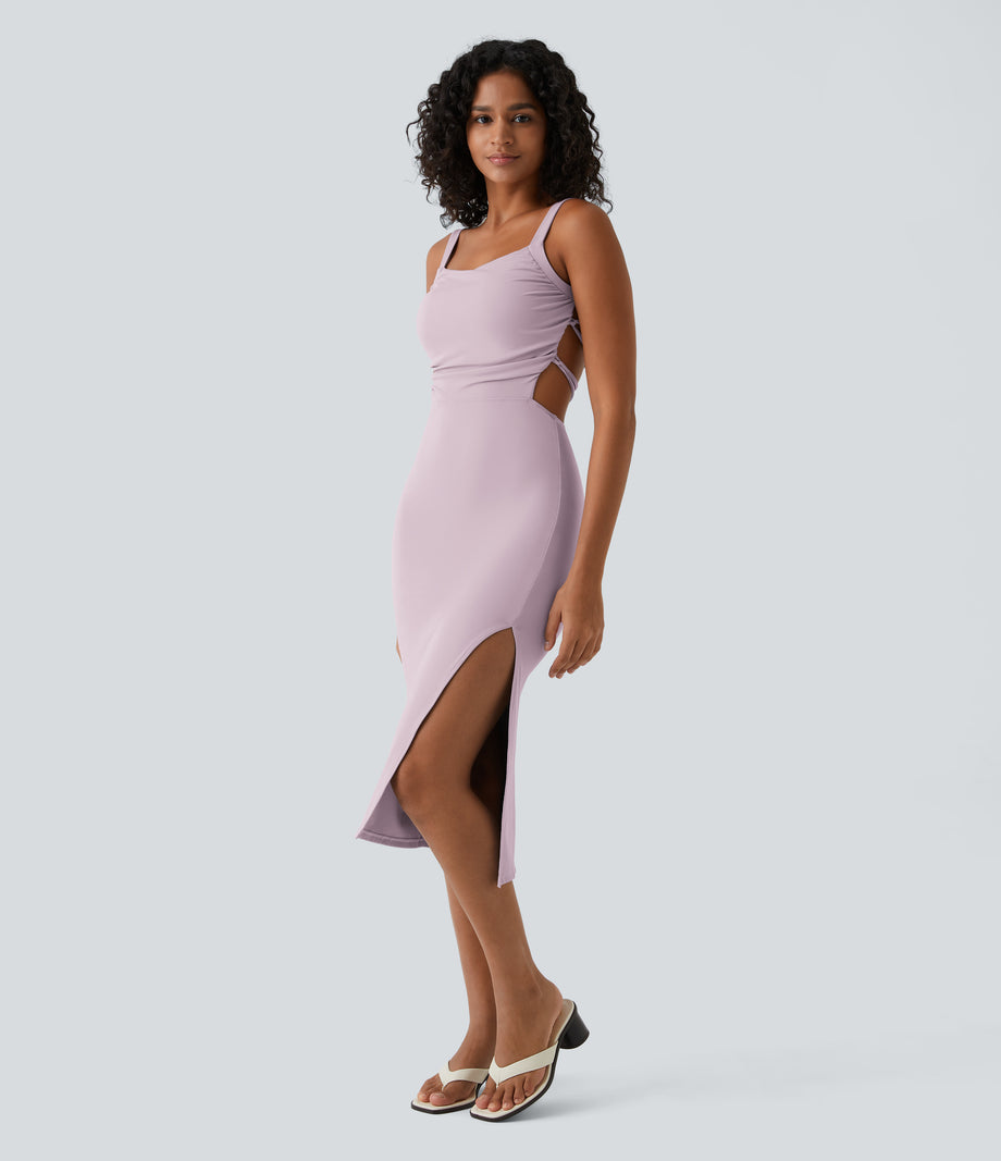 Ruched Lace Up Bodycon Midi Casual Dress - Pink Purple
