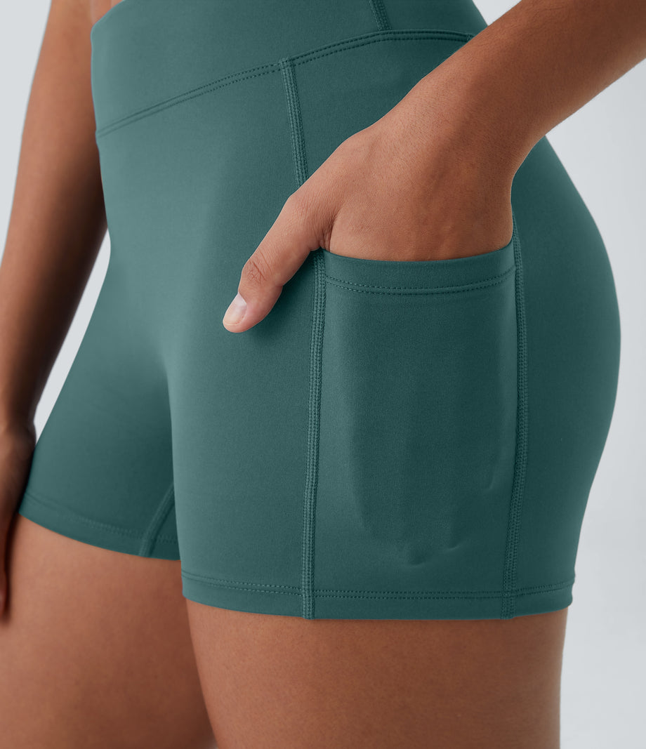 SoftlyZero™ Airy High Waisted Pocket Plain Cool Touch Yoga Shorts 3.5"-UPF50+ - Rock Cyan Blue